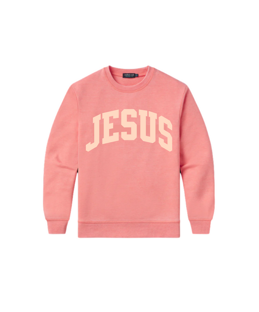 Oversized Heavyweight 10 oz - "JESUS VARSITY SWEATER" Crewneck Peachy Pink on Mauve Front & Back Design