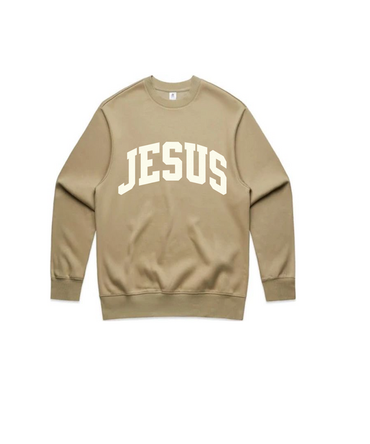 Oversized Heavyweight 10 oz - "JESUS VARSITY SWEATER" Crewneck Off-White on Pebble. Front & Back Design